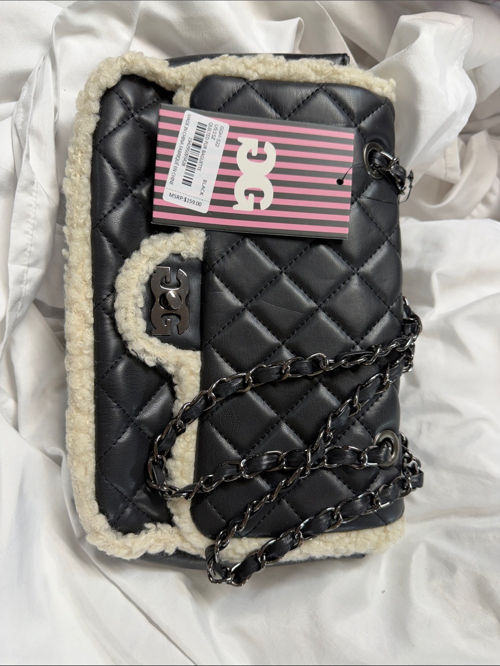 DG Gilda Paris Neutral Sherpa and black leather quilted purse bag nwt